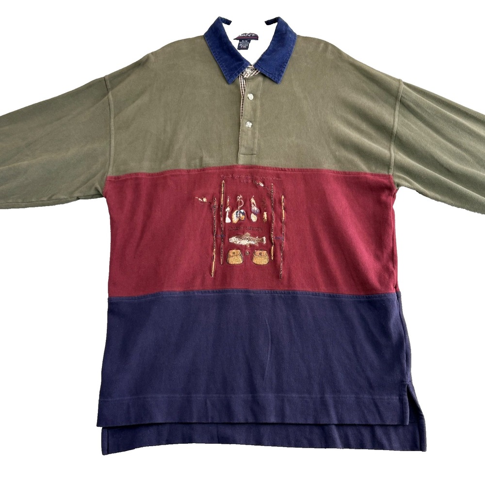 Vintage GANT Men's XL Colorblock Rugby Shirt Fishing Embroidered Corduroy Collar